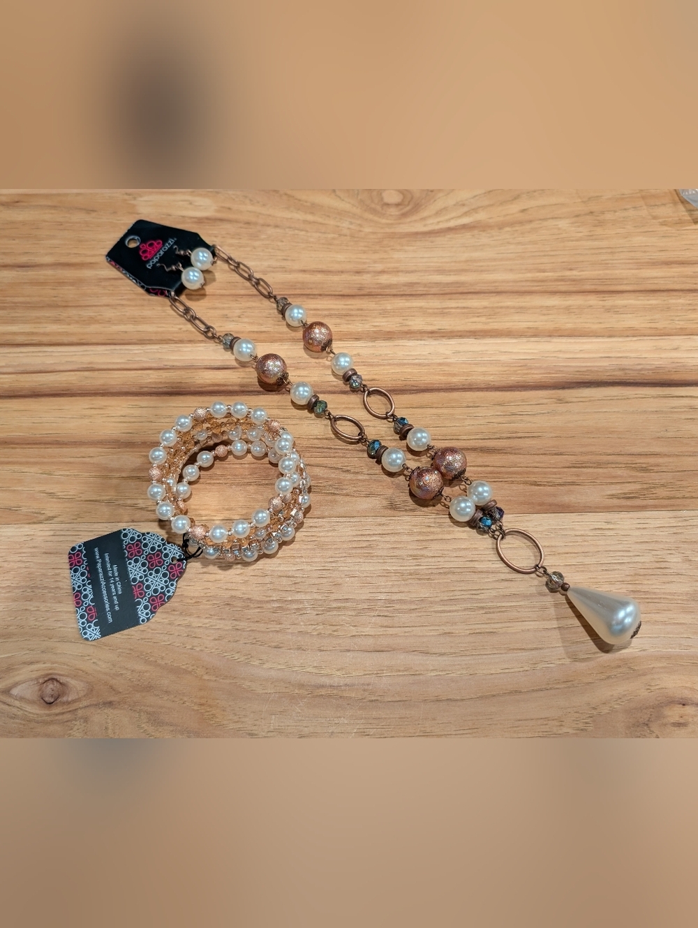 Pearl & Deep Copper Bead Long Necklace, Bracelet And Earrings Set